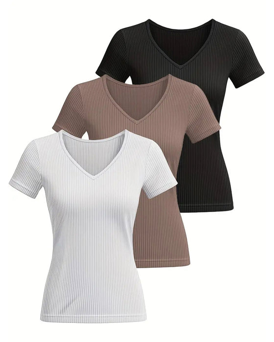 T-Shirt Einfarbig V-Ausschnitt Lässig Kurzarm