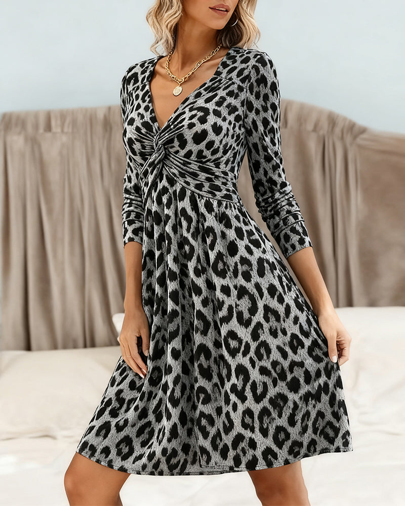 Kleid geknoteter V-Ausschnitt Leopardenprint Mode