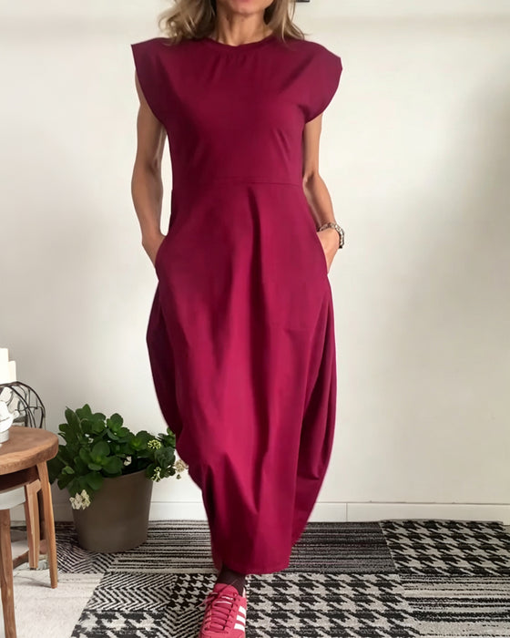 Kleid Rundhals Tasche Einfarbig