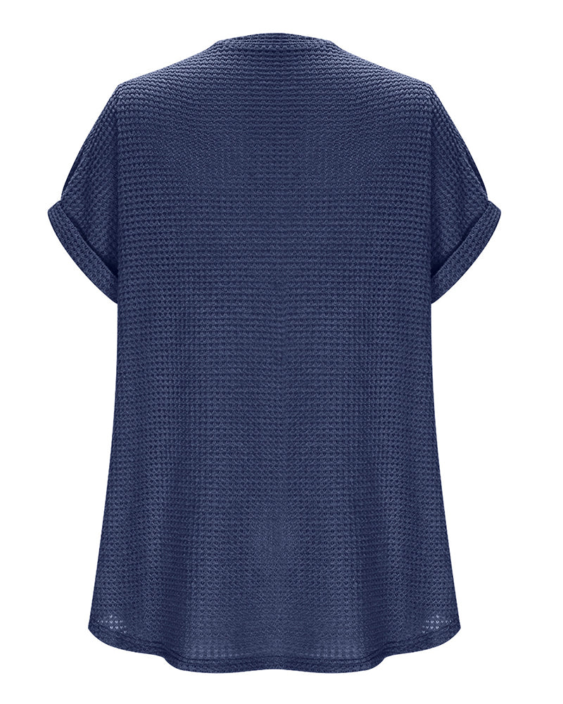 T-Shirt Damen Waffelstrick V-Ausschnitt Lässig Sommer