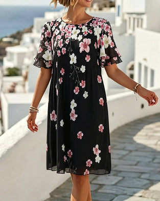 Kleid Rüsche Kurzarm Blumen Plissiert