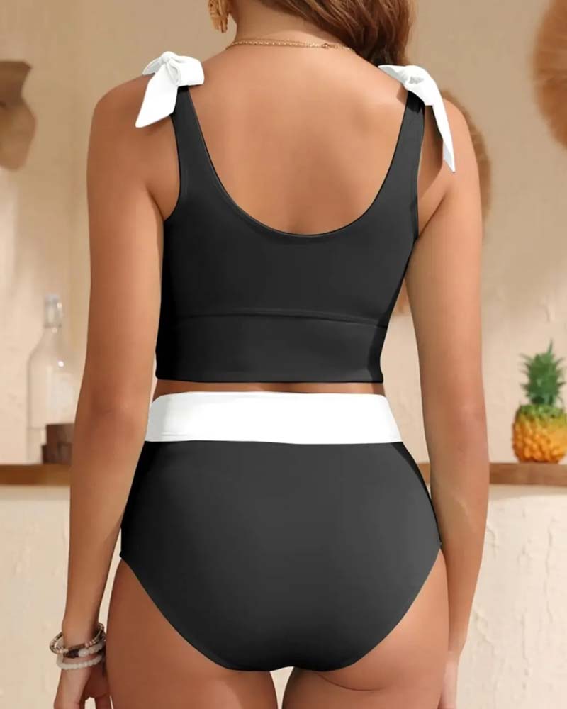 Bikini Schleife U-Ausschnitt Farbblock Mode