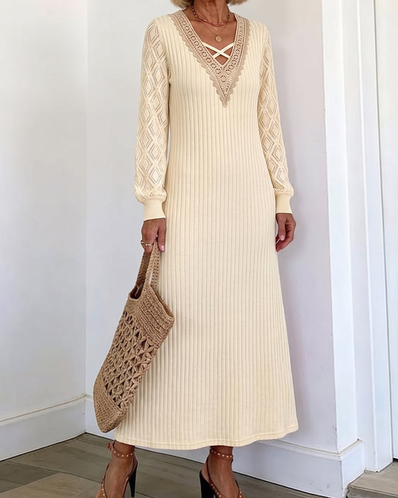 Kleid Spitze V-Ausschnitt Einfarbig