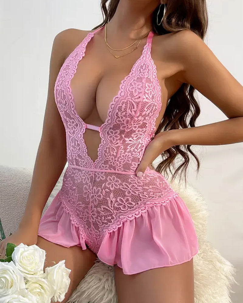 Bodysuit Spitze Blumen Teddy Formwear V-Ausschnitt