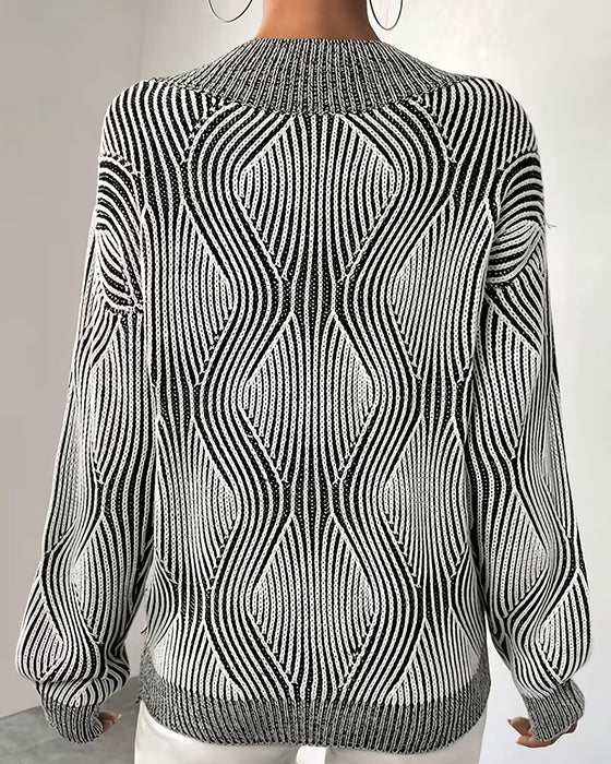 Pullover Geometrisch Gestreift V-Ausschnitt Langarm