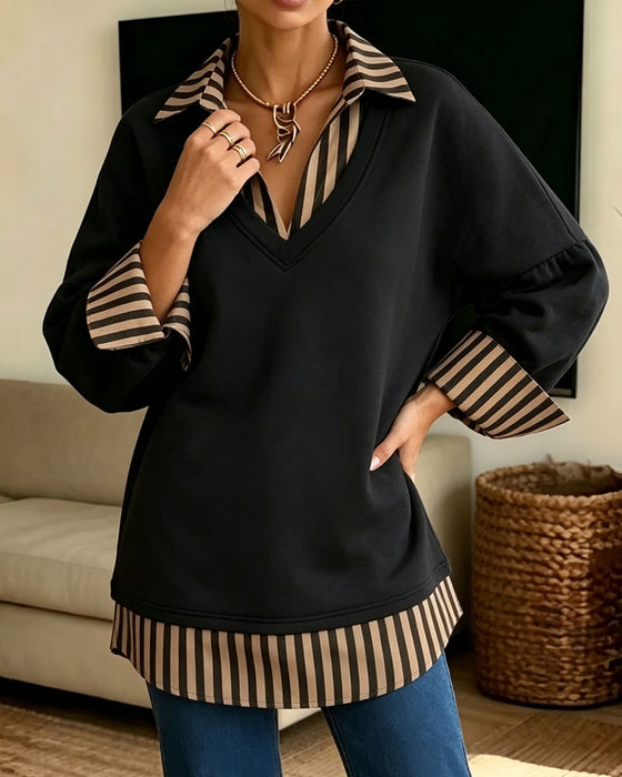 Sweatshirt Revers Gestreift Patchwork Locker