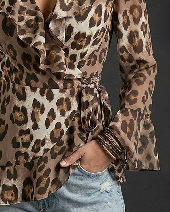 Bluse V-Ausschnitt Rüsche Leopard