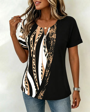 T-Shirt Reißverschluss Leopard Print Farbblock Lässig