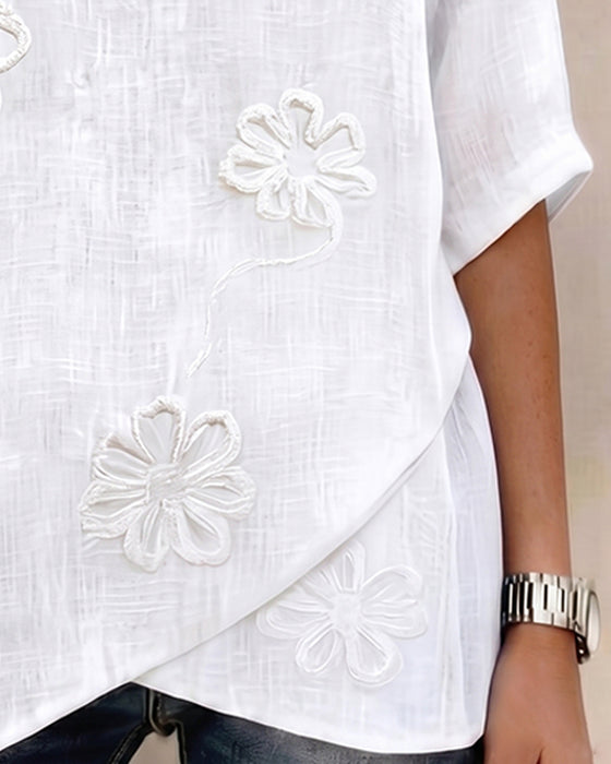Bluse Mit V-Ausschnitt, Blumenmuster Und Halbarm