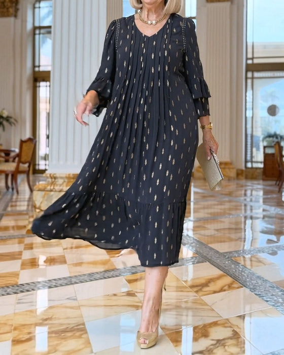 Kleid Laternenärmel V-Ausschnitt Druck