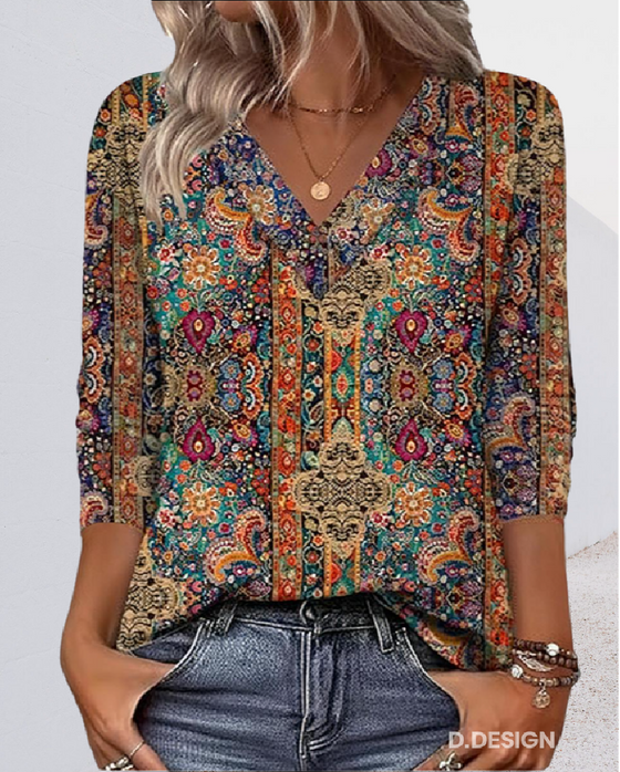 Bluse Retro Gedruckt V-Ausschnitt
