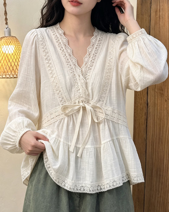 Bluse V-Ausschnitt Blasenärmel Spitze Patchwork Ausgestellt