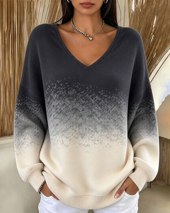 Sweatshirt V-Ausschnitt Verlauf Kontrastierend Locker
