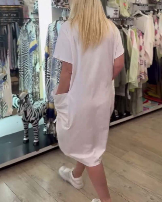 Kleid Lose Kurzärmelig Bedruckt Große Tasche