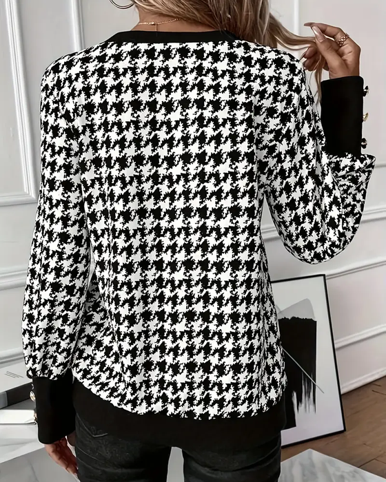 T-Shirt Mit Klassischem Stil, Houndstooth-Muster, Farbblock-Panels