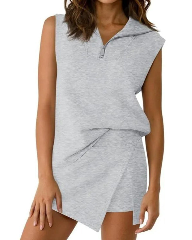 Zweiteiliges Set Reißverschluss Ärmelloses Oberteil Skort