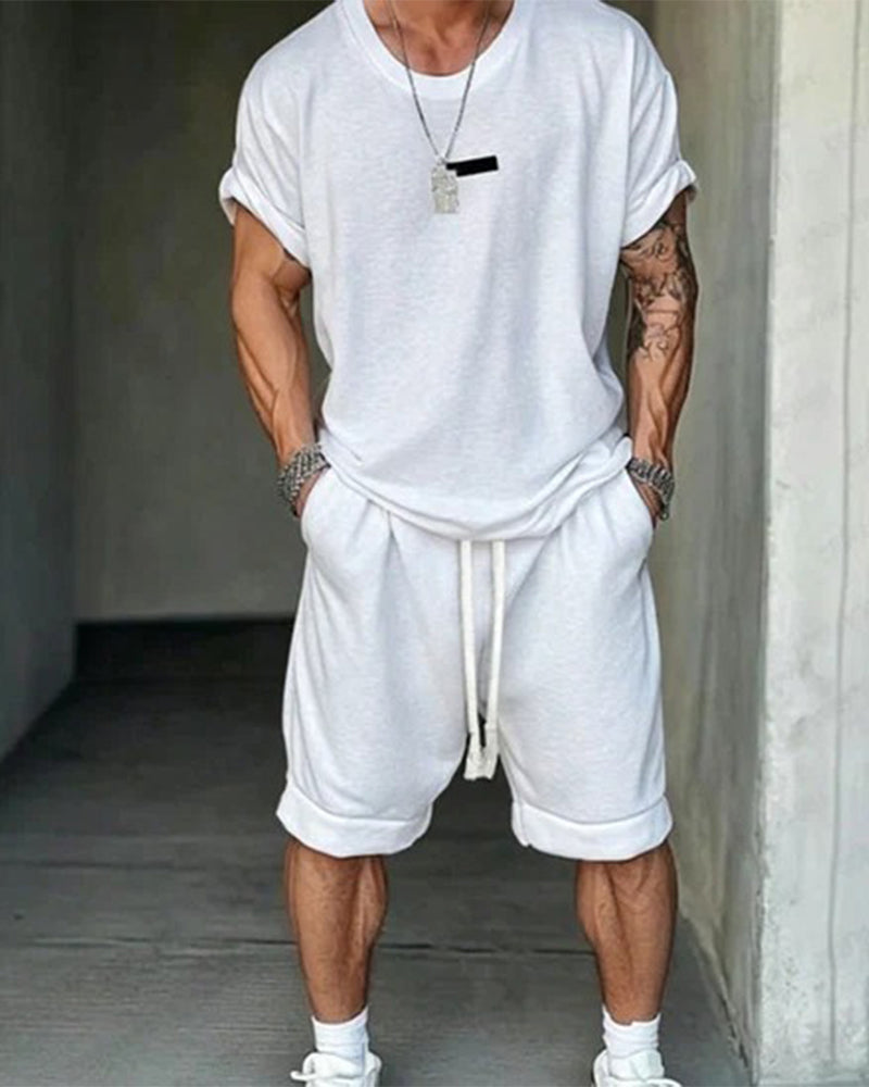 Zweiteiliges Set Lässig Kurzarm Kordelzug Shorts