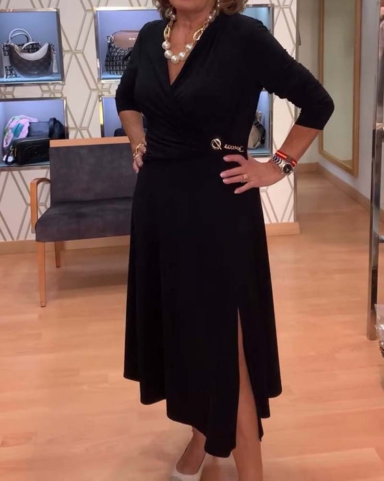 V-Ausschnitt Tailliert Taillenschlitz Kleid