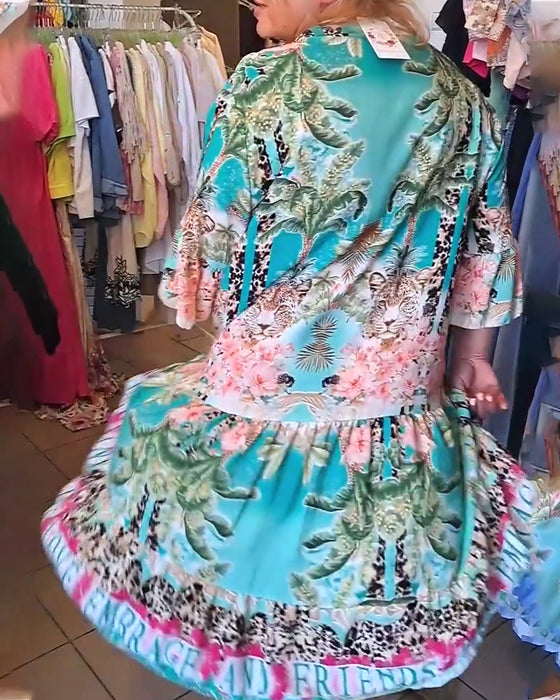 Kleid Trompetenärmel Gedruckt Weitfallend