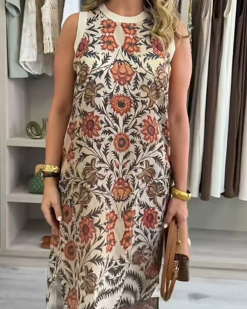 Kleid Rund Hals Ärmellos Blumig Schlitz