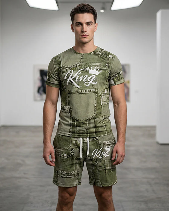 Herren-Set Mit Rundhals-Monogramm-T-Shirt Und Kordelzug-Shorts