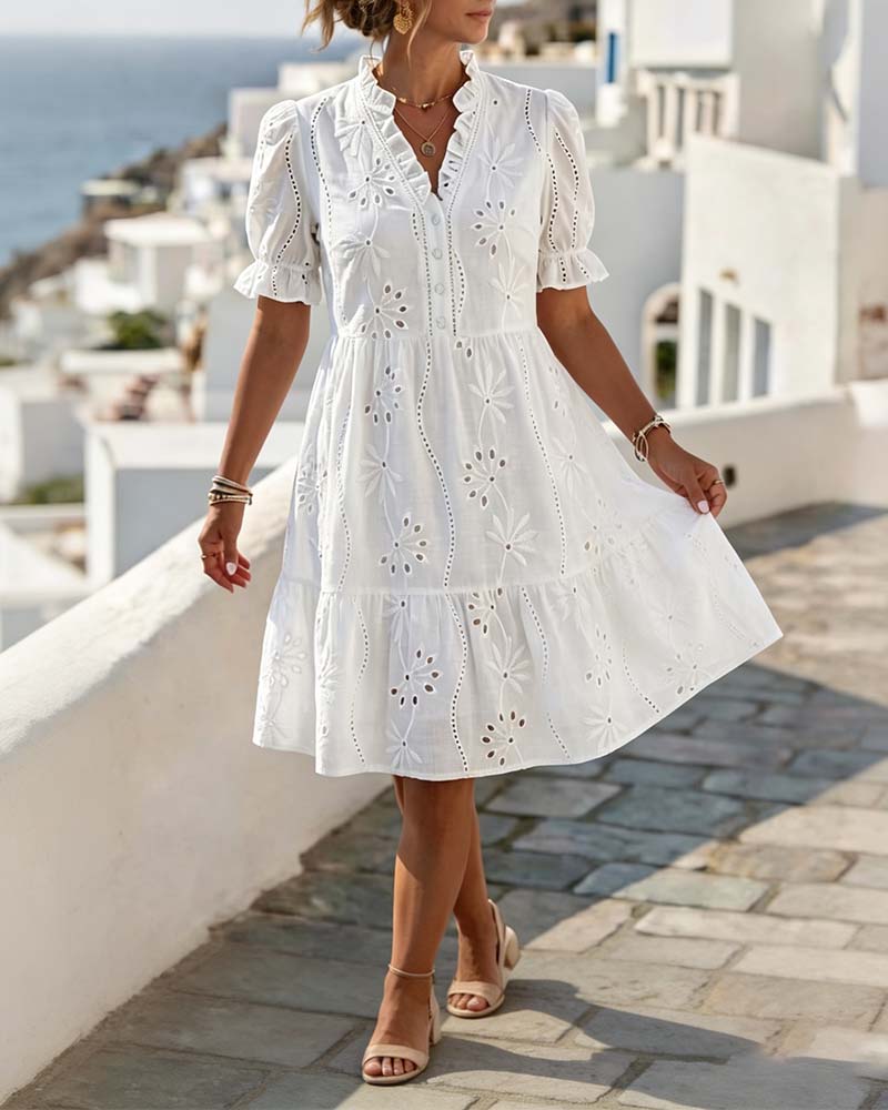 Kleid V-Ausschnitt Rüsche Puff Kurzarm