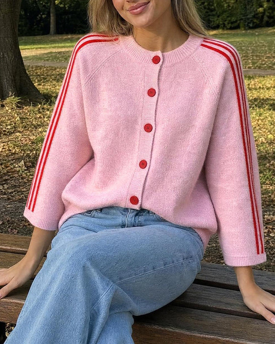 Cardigan Gestreift 3/4 Ärmel Knopf