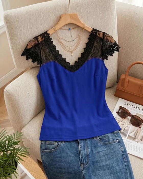 T-Shirt V-Ausschnitt Spitze Patchwork Slim Fit