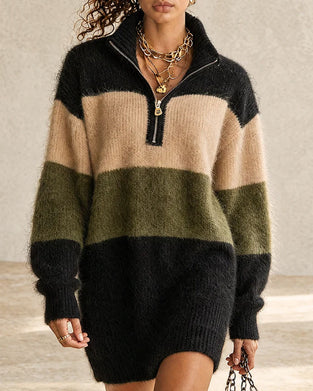 Kleid Farbblock Halber Reißverschluss Rollkragen Lang Sweater
