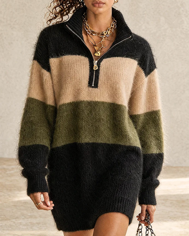 Kleid Farbblock Halber Reißverschluss Rollkragen Lang Sweater