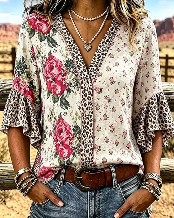 Bluse V-Ausschnitt Leopardenmuster Blumen-Patchwork Rüschen