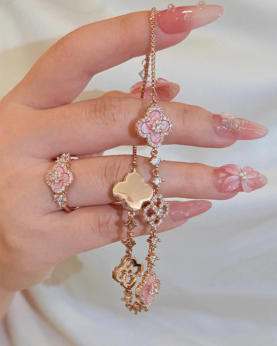 Ring & Armband Rosa Muschel Vierblättriges Kleeblatt
