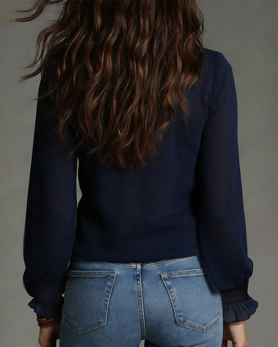 Bluse Halb-Reißverschluss Kragen gerüscht einfarbig