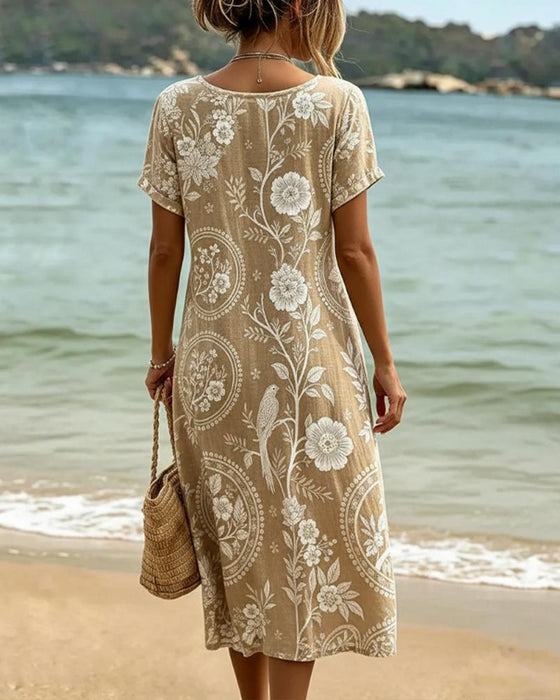 Kleid Rundhals Blumig Vogel Druck