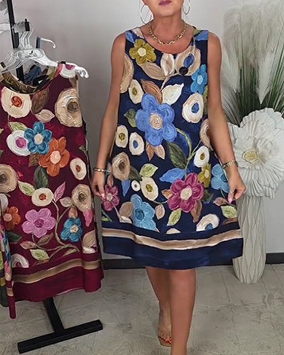 Kleid Ölgemälde Blumig Ärmellos Gerade