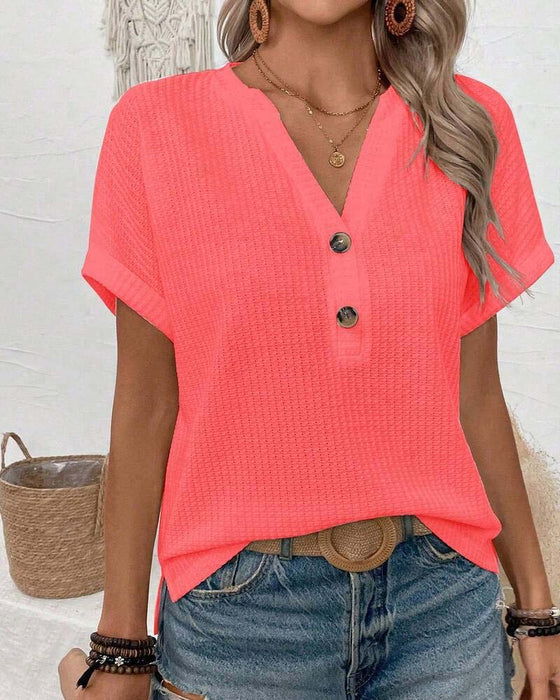 T-Shirt Waffel V-Ausschnitt Knopf