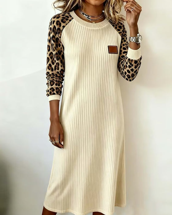 Kleid lässig langärmlig Leopardenmuster Patchwork