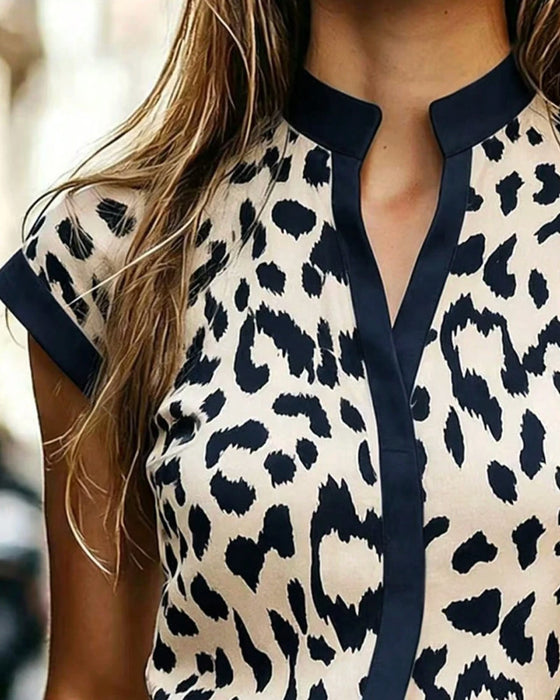 Bluse Stehkragen Leopard Kurzer Ärmel