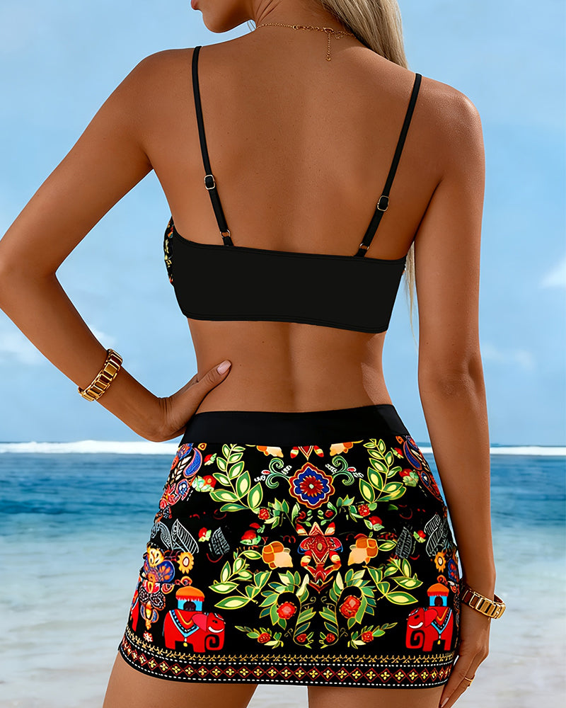 Set Ethnisch Elefant Blumig Badeanzug Dreiteilig