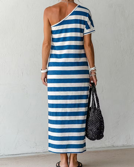 Kleid Asymmetrisch Gestreift Off-Shoulder