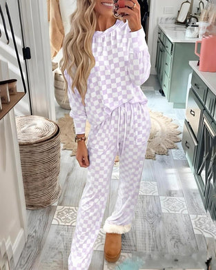 Zweiteilige Sets, lässiges Rundhals-Karo-Shirt