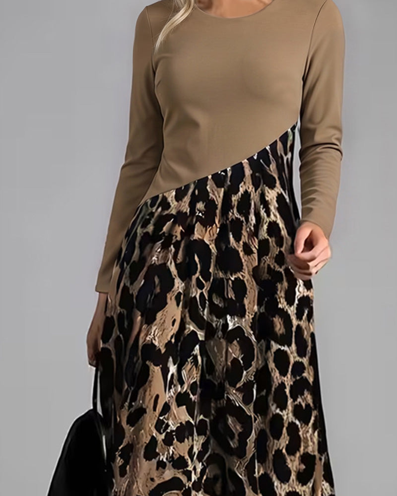 Kleid Rundhals Leopard Weiter Rock