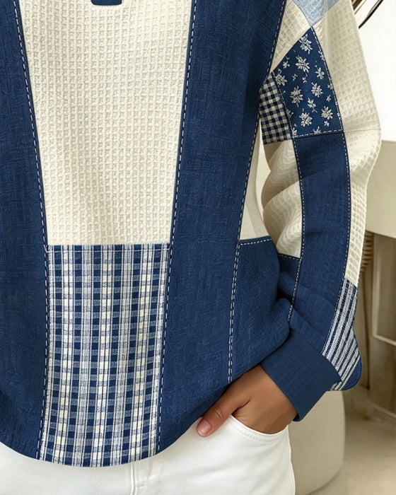 Sweatshirt Rundhals Knopf Blumen Plaid