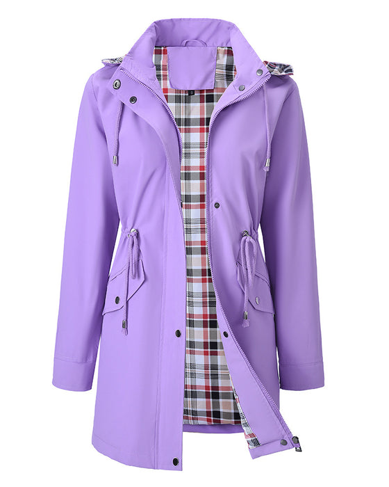 Damen Langer Wasserdichter Trenchcoat Mit Kapuze