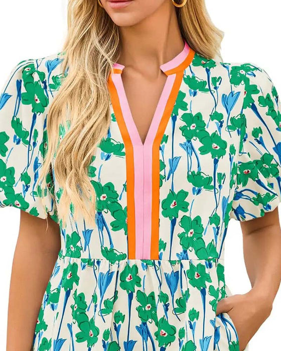 Kleid V-Ausschnitt Blumig Blasenärmel Patchwork
