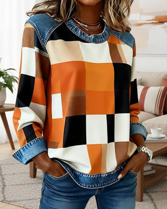 Sweatshirt mit Karo-Patchwork und Kontrastfarbe