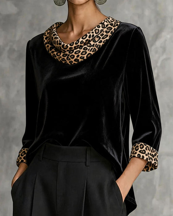 Oberteil Leopardenbesatz Mockneck Samt