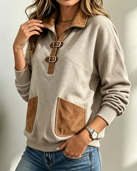 Sweatshirt Wildleder Patchwork Tasche