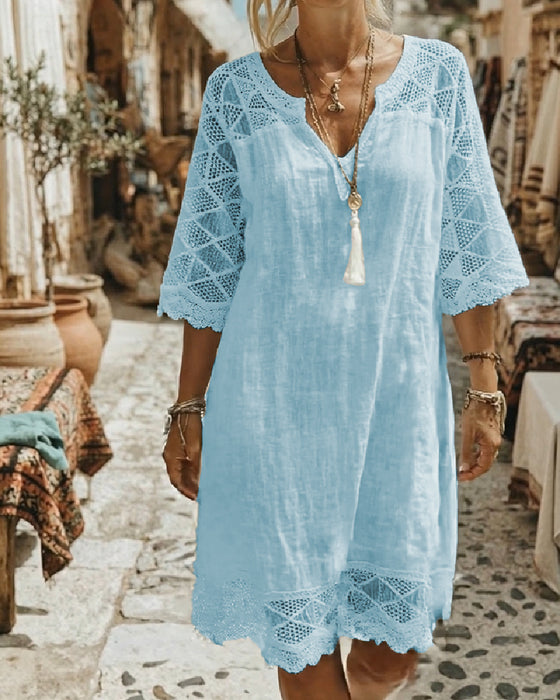 Kleid V-Ausschnitt Spitze Patchwork Lässig