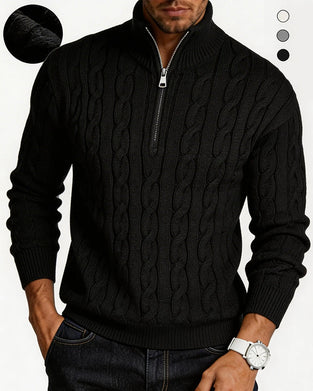 Herrenpullover Unifarben Zopfmuster Reißverschluss